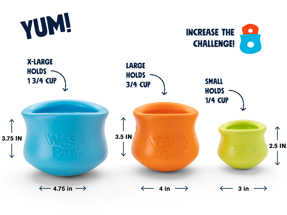 Customizable puzzle and treat toy set in blue, orange, and green durable rubber with varying sizes for dogs
