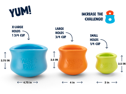 Customizable puzzle and treat toy set in blue, orange, and green durable rubber with varying sizes for dogs