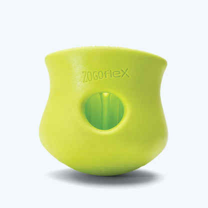 Green durable rubber customizable puzzle and treat toy for dogs with a hollow center and flexible design