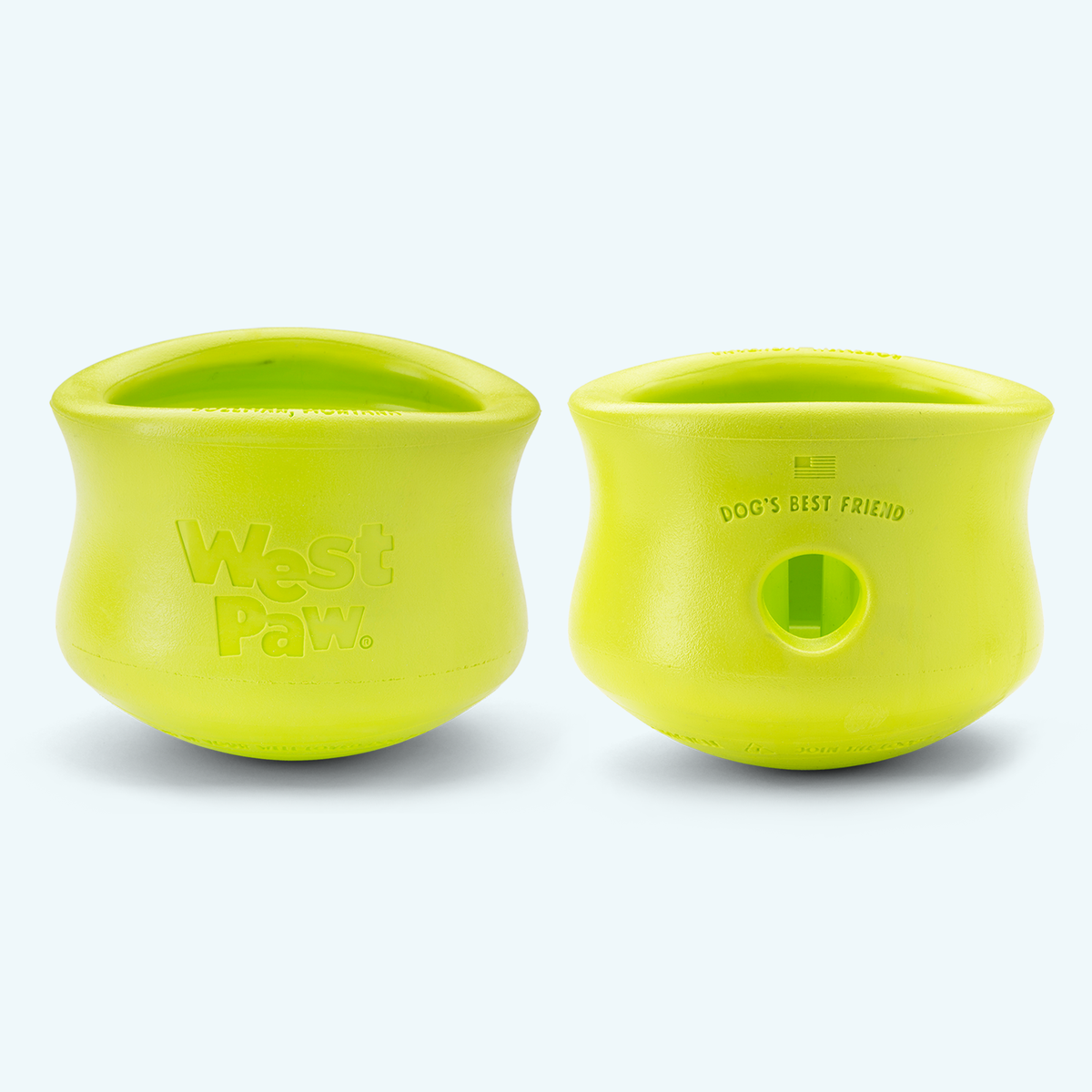 Customizable puzzle and treat toy in bright yellow durable rubber with rounded edges and side hole, branded West Paw