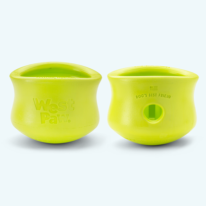 Customizable puzzle and treat toy in bright yellow durable rubber with rounded edges and side hole, branded West Paw