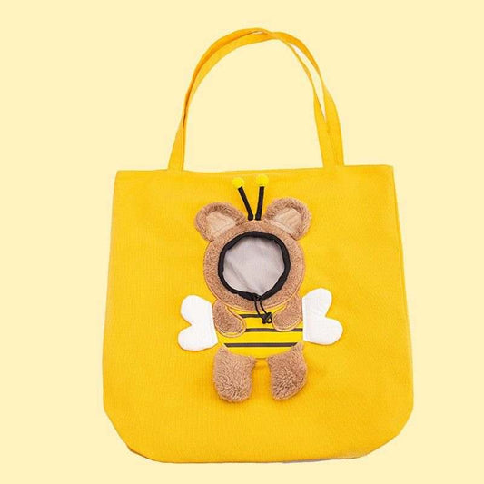 Cute canvas outdoor bag in bright yellow with a 3D bee plush design featuring wings, antennae, and a small mesh opening