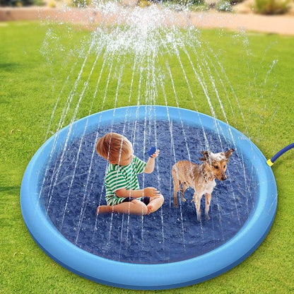 Blue pet sprinkler pad with water spray, child and dog playing outdoors on grass