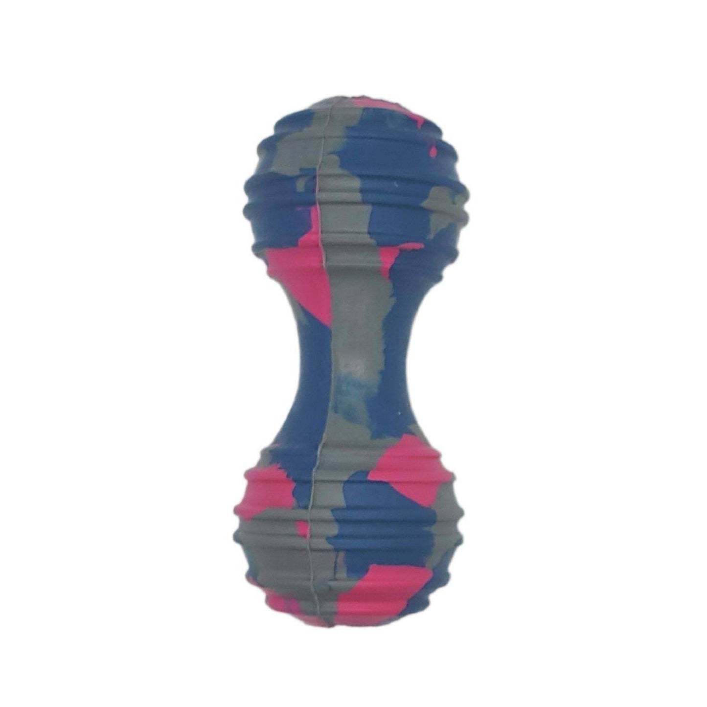 Natural rubber dumbbell dog chew toy in blue, gray, and pink designed for durable, safe, and interactive pet play