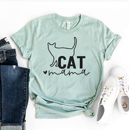 Light green Cat Mama T-shirt with cat silhouette print, paired with jeans and white sneakers