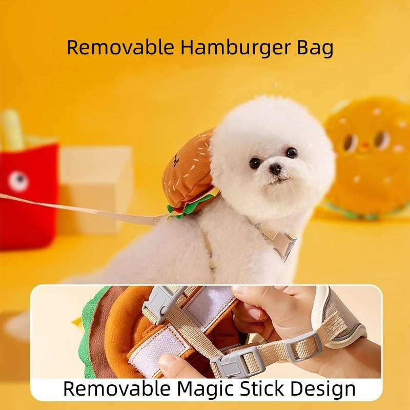 Cartoon Hamburger Chips Design Adjustable Vest Leash Rope For Cats And Dogs Walking Tow Rope With Backpack Escape Proof Vest