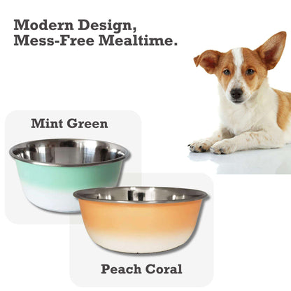 Deep Dog Bowl in mint green and peach coral stainless steel with a smooth finish, shown alongside a small brown and white dog