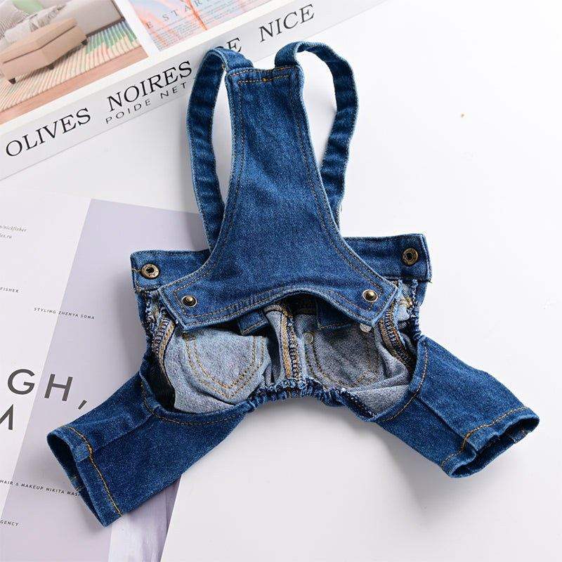 Denim Jumpsuit for Small Pets featuring blue denim fabric with adjustable straps and snap buttons, designed for petite dogs