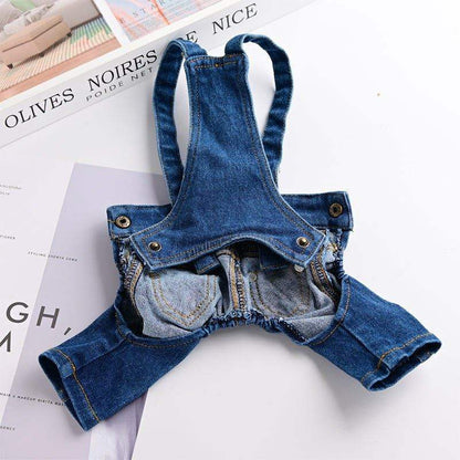 Denim Jumpsuit for Small Pets featuring blue denim fabric with adjustable straps and snap buttons, designed for petite dogs