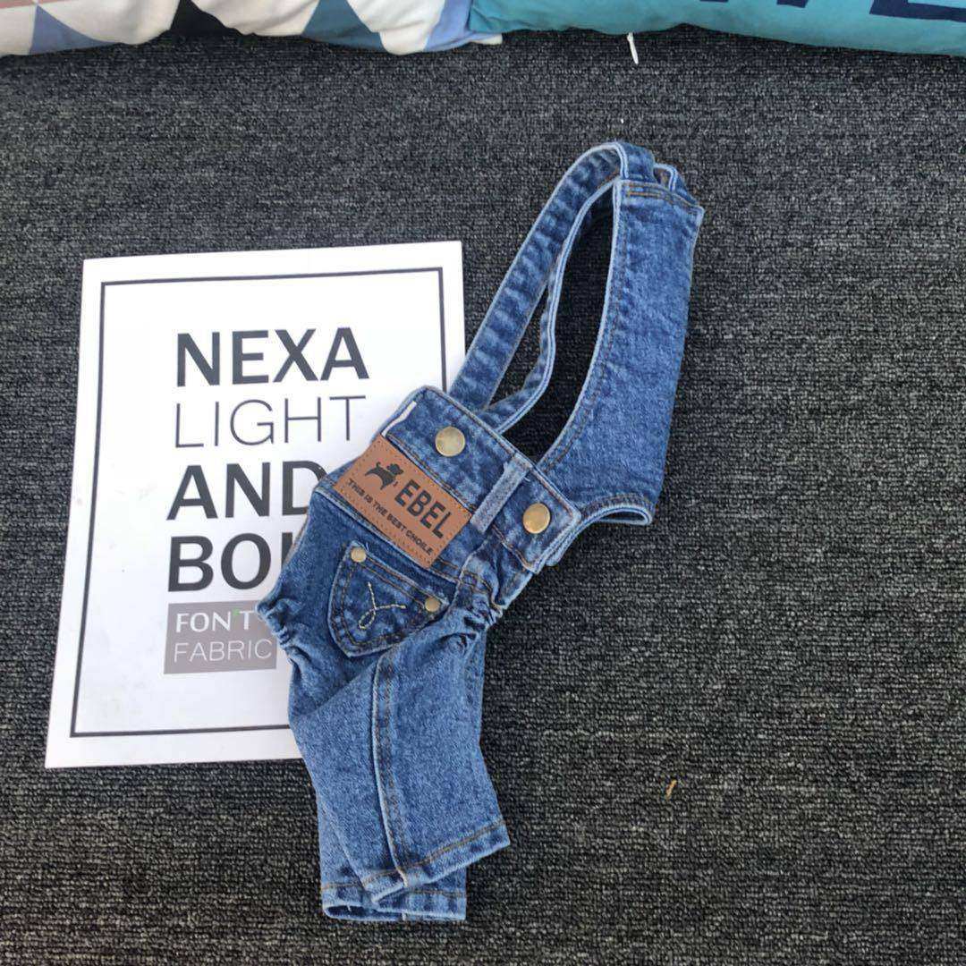 Denim Jumpsuit for Small Pets in classic blue denim with button details, elastic waist, and adjustable suspenders