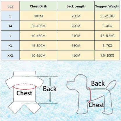Denim jumpsuit for small pets in blue cotton blend with chest and back length size chart for fitting