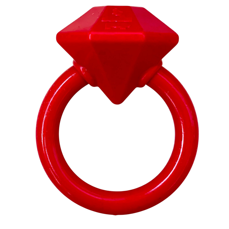 Red diamond-shaped nylon teething ring for puppies, durable and USA-made for aggressive chewers.