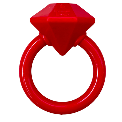 Red diamond-shaped nylon teething ring for puppies, durable and USA-made for aggressive chewers.