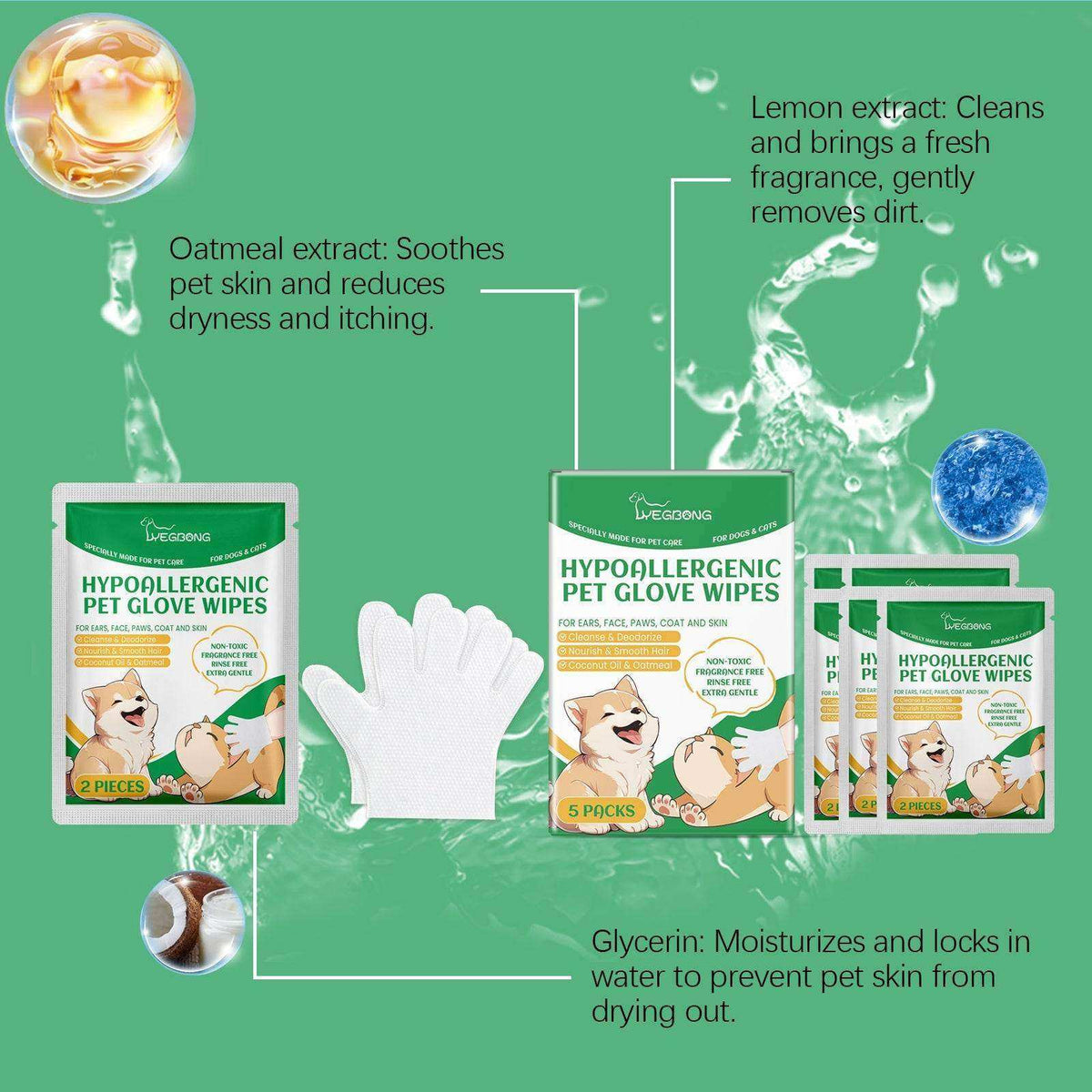 Disposable Pet Cleaning Gloves shown as white non-woven mitts beside green pet glove wipe packs with ingredient callouts