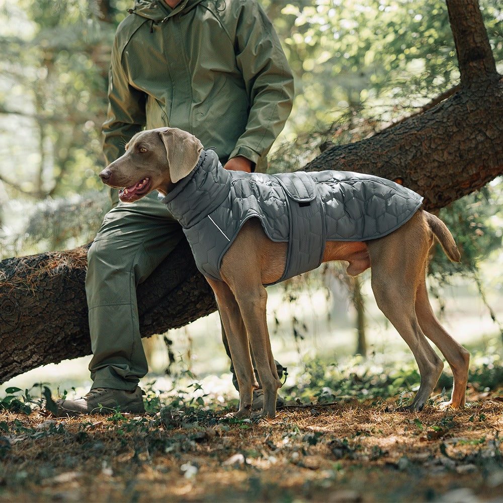 Dog clothing outdoor padded vest in charcoal grey quilted fabric, with a high neck, sleeveless cut and adjustable straps.