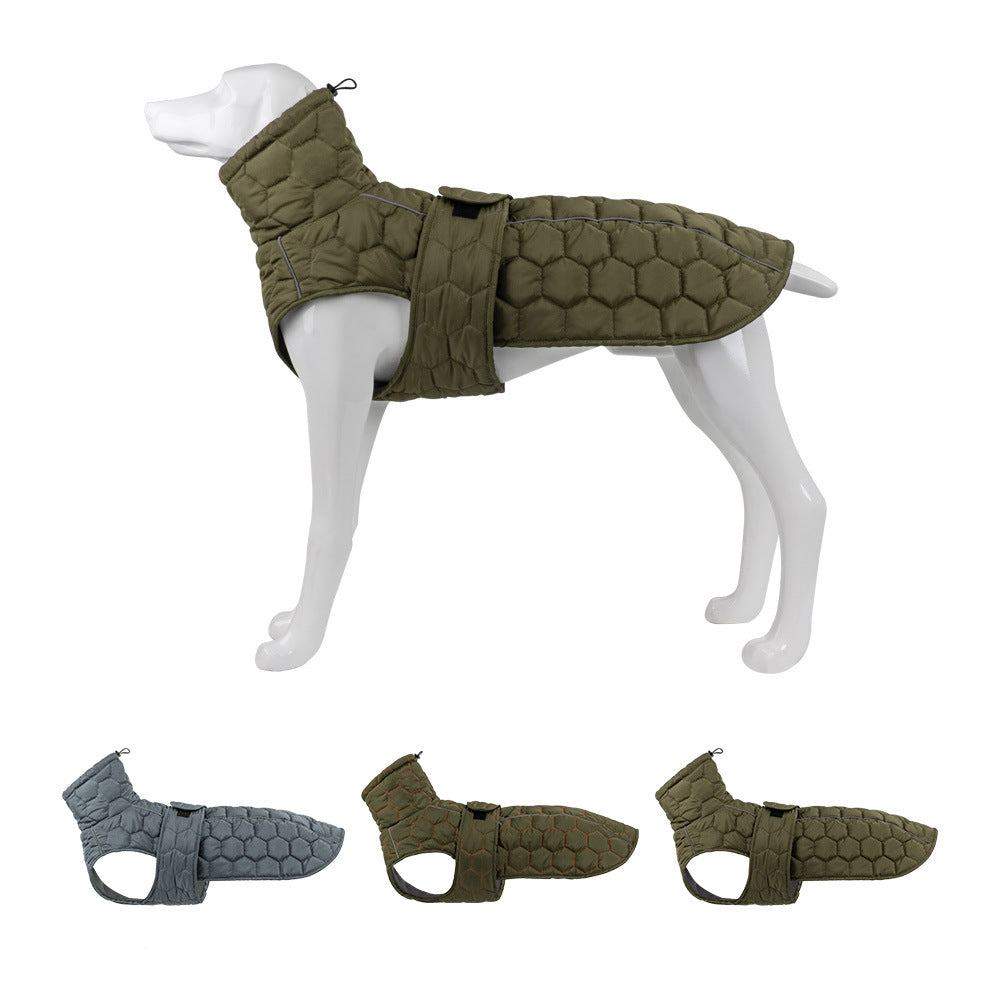 Dog vest for dog clothing outdoor, olive green padded polyester with quilted hexagon pattern, high stand collar and belly straps