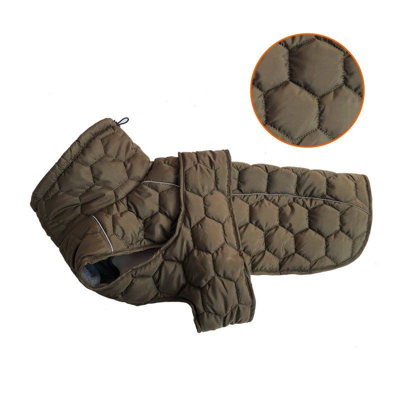 Dog vest in olive-brown quilted padded fabric, with a high collar and adjustable hook-and-loop closure for dog clothing outdoor use.