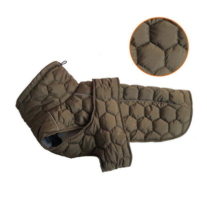 Dog vest in olive-brown quilted padded fabric, with a high collar and adjustable hook-and-loop closure for dog clothing outdoor use.