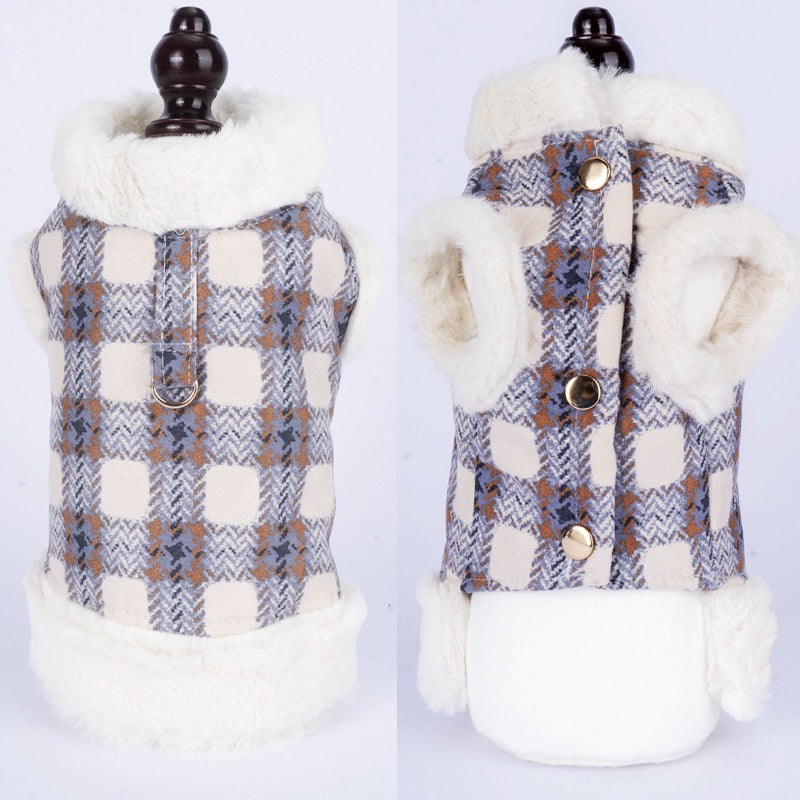 Plaid dog vest with cream faux fur trim and button closures, soft and cozy Dog clothing with warmth for small pets.