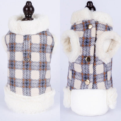 Plaid dog vest with cream faux fur trim and button closures, soft and cozy Dog clothing with warmth for small pets.