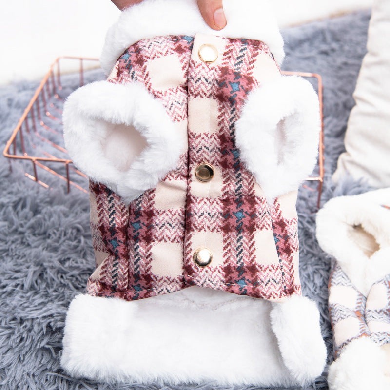 Plaid dog vest in red, white, and blue with soft white faux fur trim and snap buttons, Dog clothing with warmth.