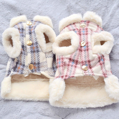 Small dog vests in blue and pink plaid velvet with plush white fur trim and gold buttons, cozy Dog clothing with warmth.