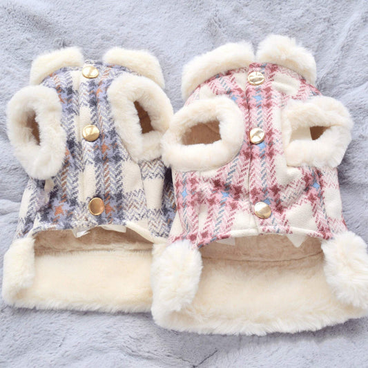 Small dog vests in blue and pink plaid velvet with plush white fur trim and gold buttons, cozy Dog clothing with warmth.