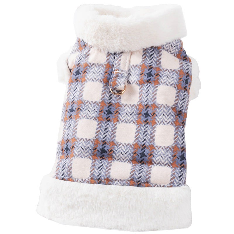 Small dog vest with plush white faux fur trim and a soft plaid pattern in blue, beige, and brown, perfect Dog clothing with warmth.