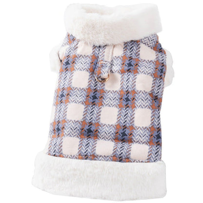 Small dog vest with plush white faux fur trim and a soft plaid pattern in blue, beige, and brown, perfect Dog clothing with warmth.