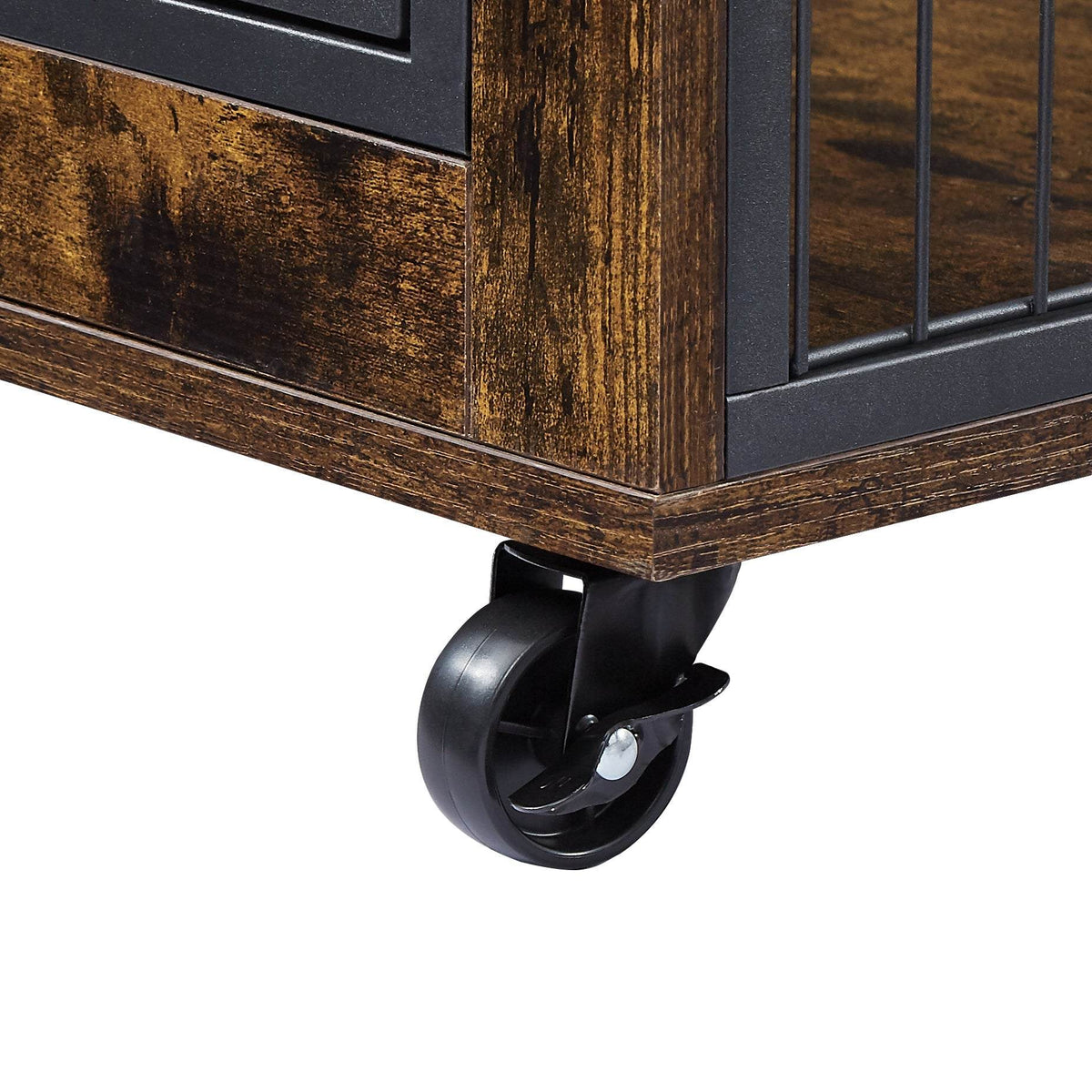 Dog Crate Side Table in rustic brown wood-grain particleboard with black steel bars and a locking caster wheel.