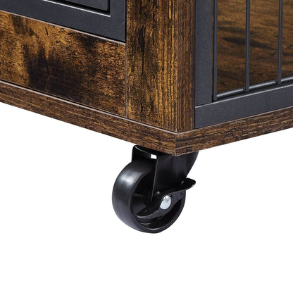 Dog Crate Side Table in rustic brown wood-grain particleboard with black steel bars and a locking caster wheel.