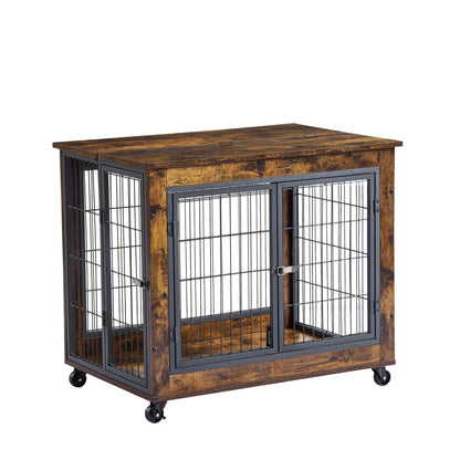 Dog Crate Side Table in rustic brown wood-grain particleboard with black steel bars, double front doors, side access and casters.