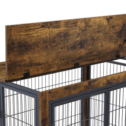 Dog Crate Side Table in rustic brown wood-grain particleboard and black steel, with a hinged lift top and barred sides.