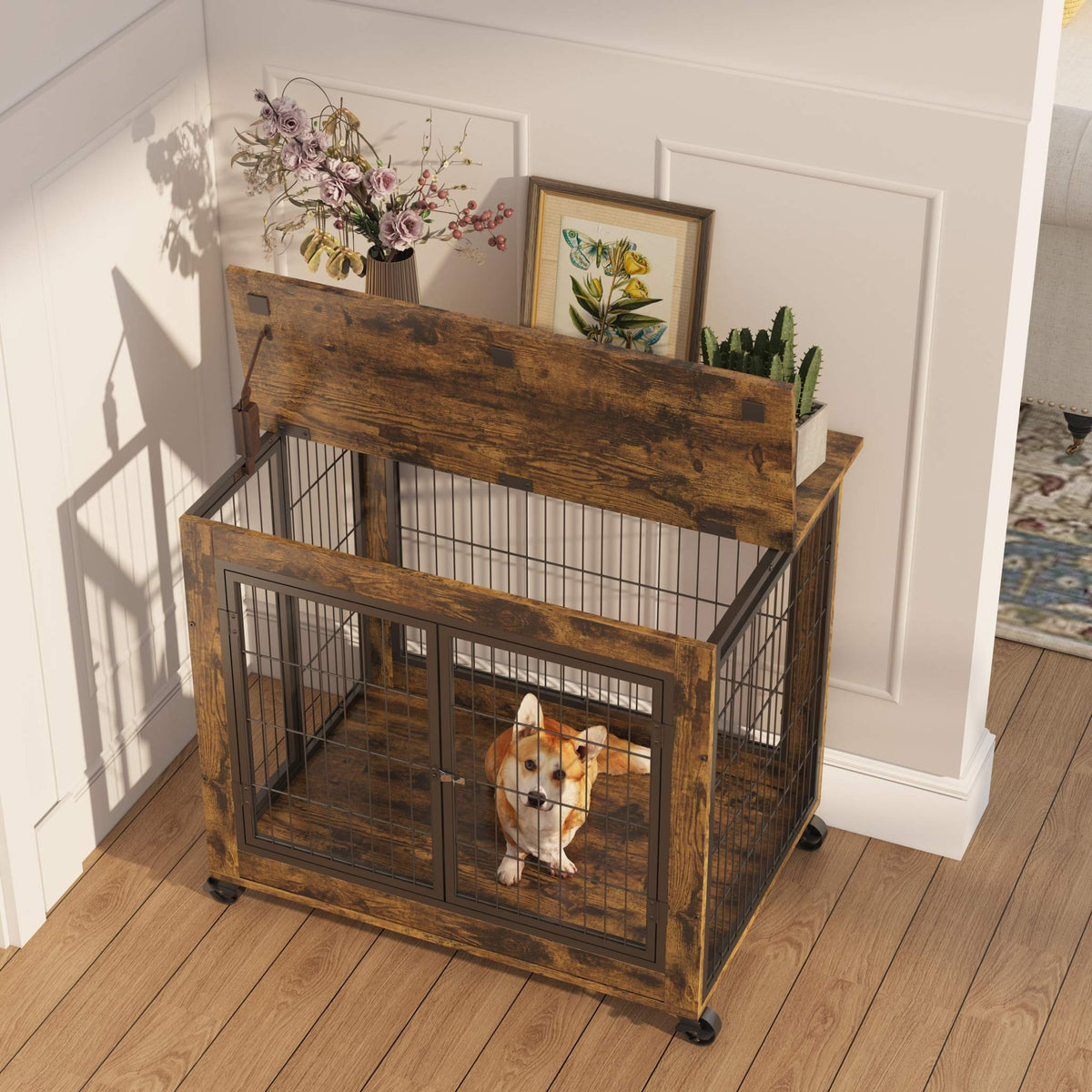 Dog Crate Side Table with rustic brown wood-look panels, black metal bars, a raised lift top, front doors, and casters.
