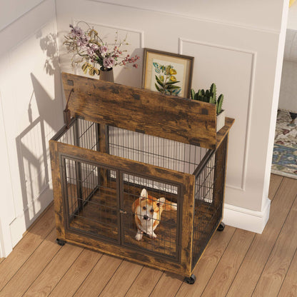 Dog Crate Side Table with rustic brown wood-look panels, black metal bars, a raised lift top, front doors, and casters.