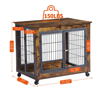 Dog Crate Side Table in rustic brown wood-look particleboard with black steel bars, double front doors and caster wheels.