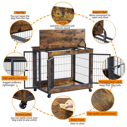 Dog Crate Side Table in rustic brown particleboard with black iron bars, lift-top lid, front doors and locking casters.