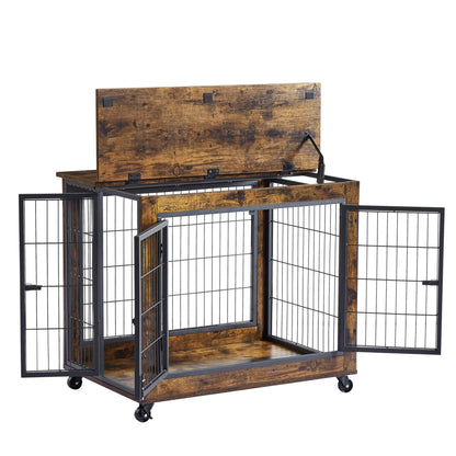 Dog Crate Side Table in rustic brown wood-grain particleboard with black steel bars, lift-up top and double doors open