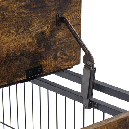 Dog Crate Side Table showing a rustic brown wood top raised by a dark metal lift support above black steel bars