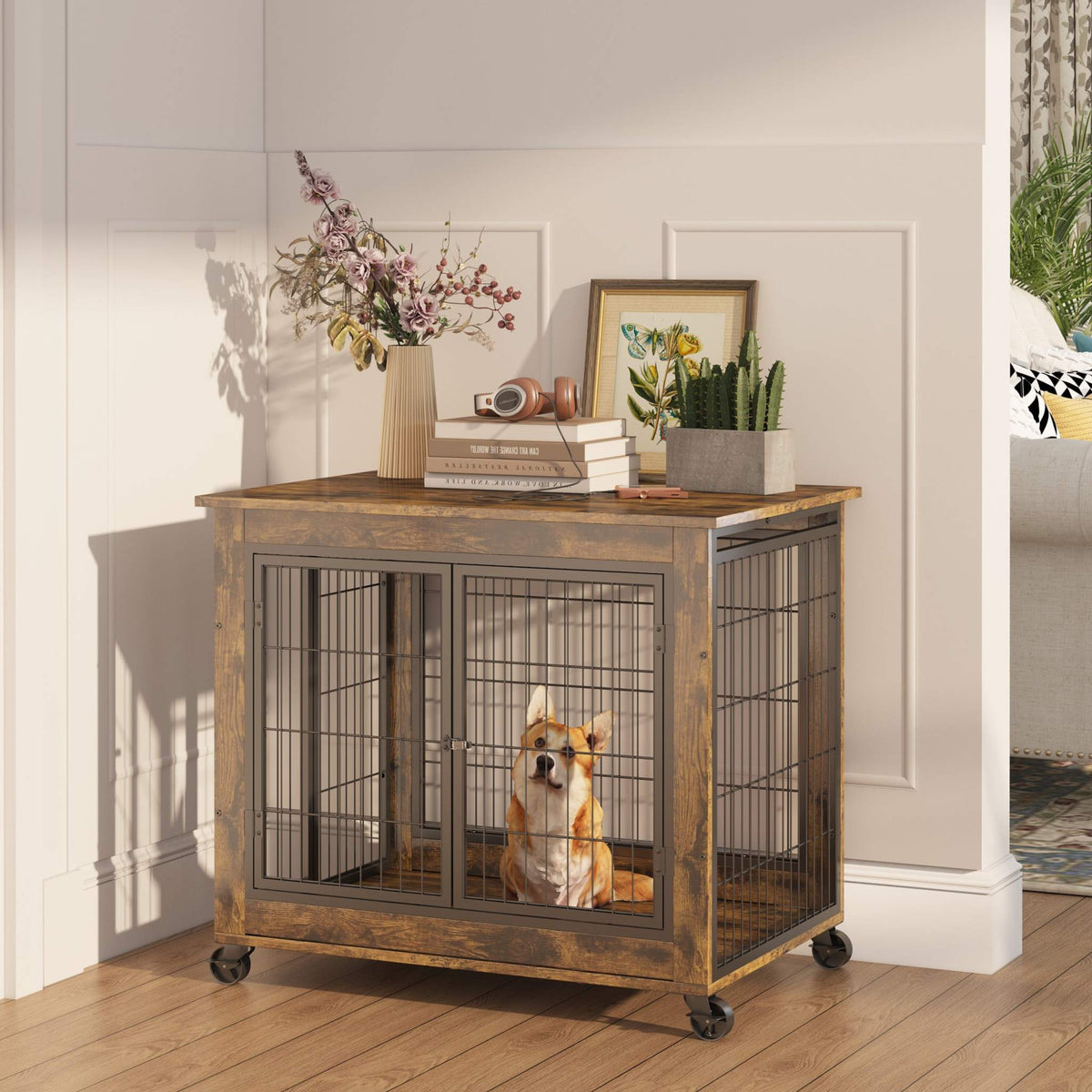 Dog Crate Side Table in rustic brown wood with black metal bars, double front doors, side access and caster wheels