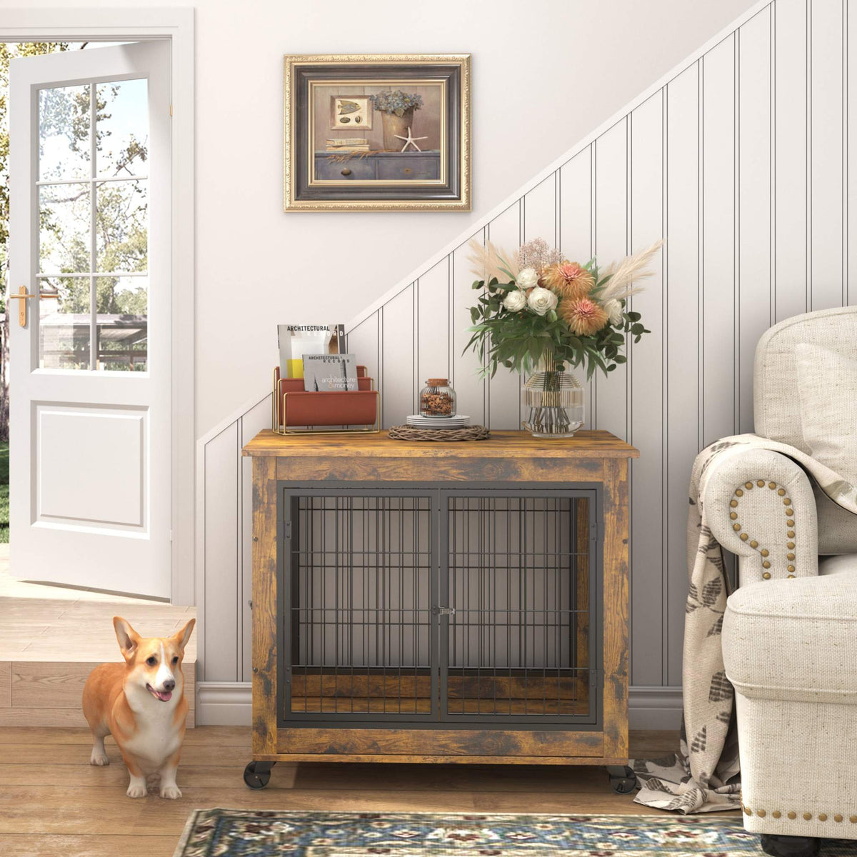 Dog Crate Side Table with rustic brown wood-look panels, black metal bars, double front doors and locking casters