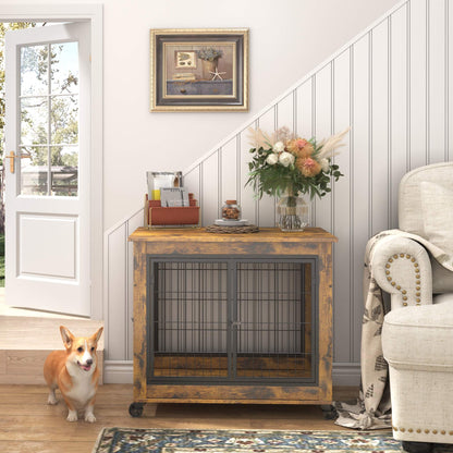 Dog Crate Side Table with rustic brown wood-look panels, black metal bars, double front doors and locking casters