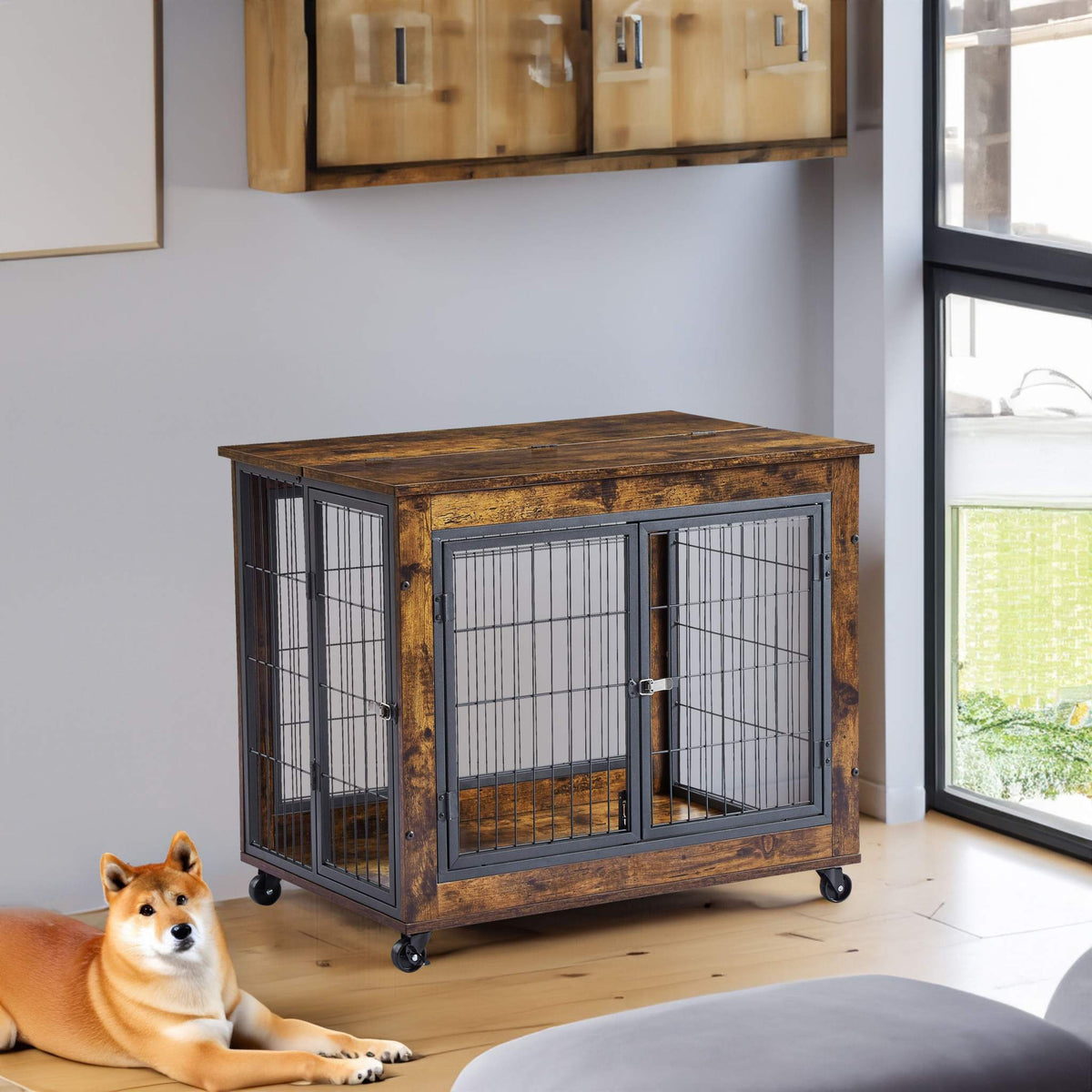 Dog Crate Side Table in rustic brown wood with black metal bars, double front doors, side access and casters