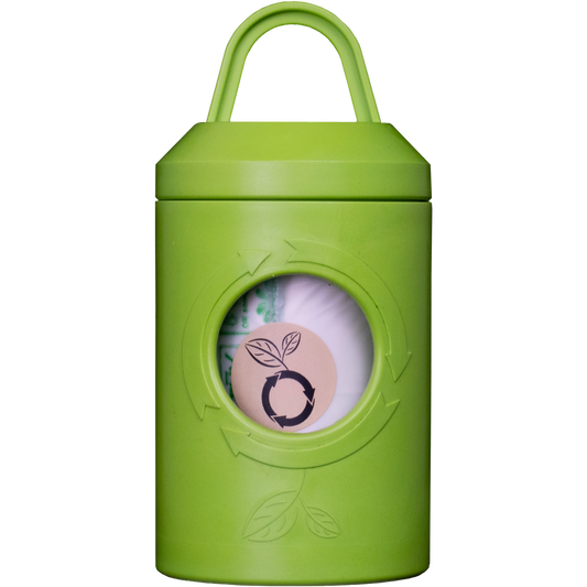 Compact dog leash waste bag dispenser with roll of bags