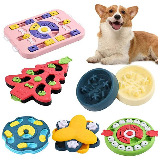 Dog Puzzle Toys set featuring colorful interactive plastic designs with compartments to engage dogs in mental stimulation