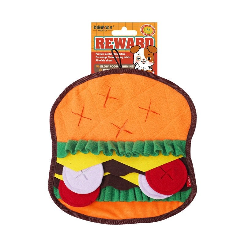 Dog sniffing mat shaped like a colorful sandwich with orange, green, yellow, red, white, and brown fleece layers for foraging fun