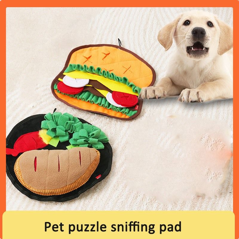 Dog sniffing mat set with soft, colorful fleece designs resembling a sandwich and a steak to encourage foraging and mental stimulation