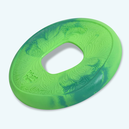 Green and blue Seaflex® dog's favorite high-flying disc with smooth matte finish and center hole designed for moderate chewers