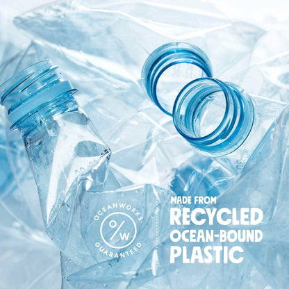 recycled ocean-bound plastic with blue bottle necks illustrating eco-friendly materials supporting dogs favorite high-flying disc durability