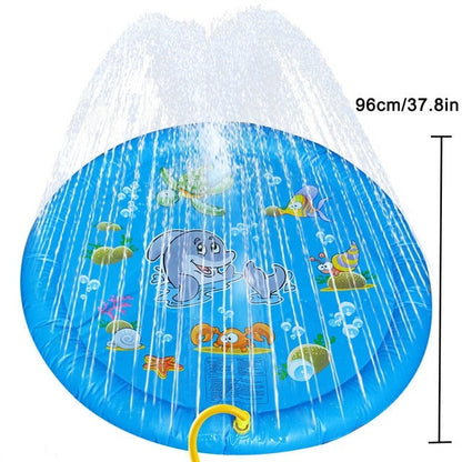 Blue pet sprinkler pad with cartoon sea creatures, inflatable dog cooling play mat with water spray, 96cm diameter